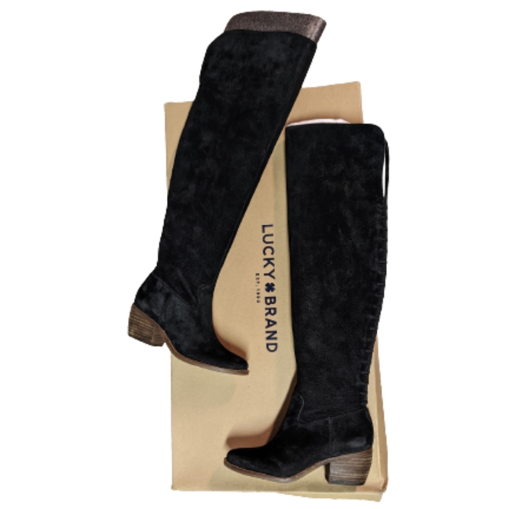 New Lucky Brand Women's Black Khlonn Leather Over The Knee Boot Shoes Ret $239
